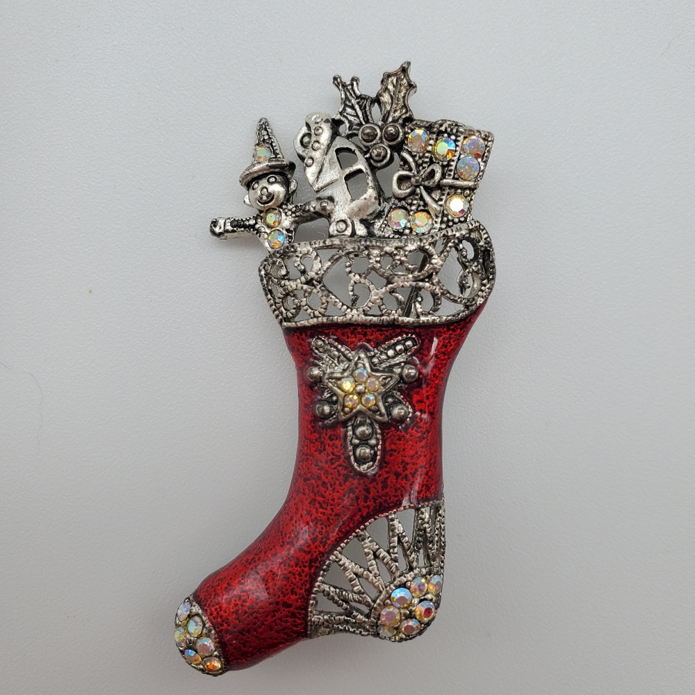 Vintage Red Enamel Christmas Stocking Brooch